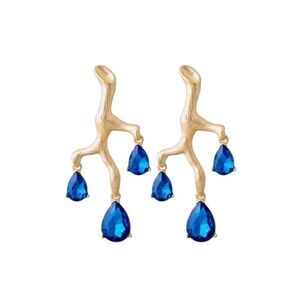 Midnight Blue Crystal Tree Branch Matt Gold Statement Dangle Earrings